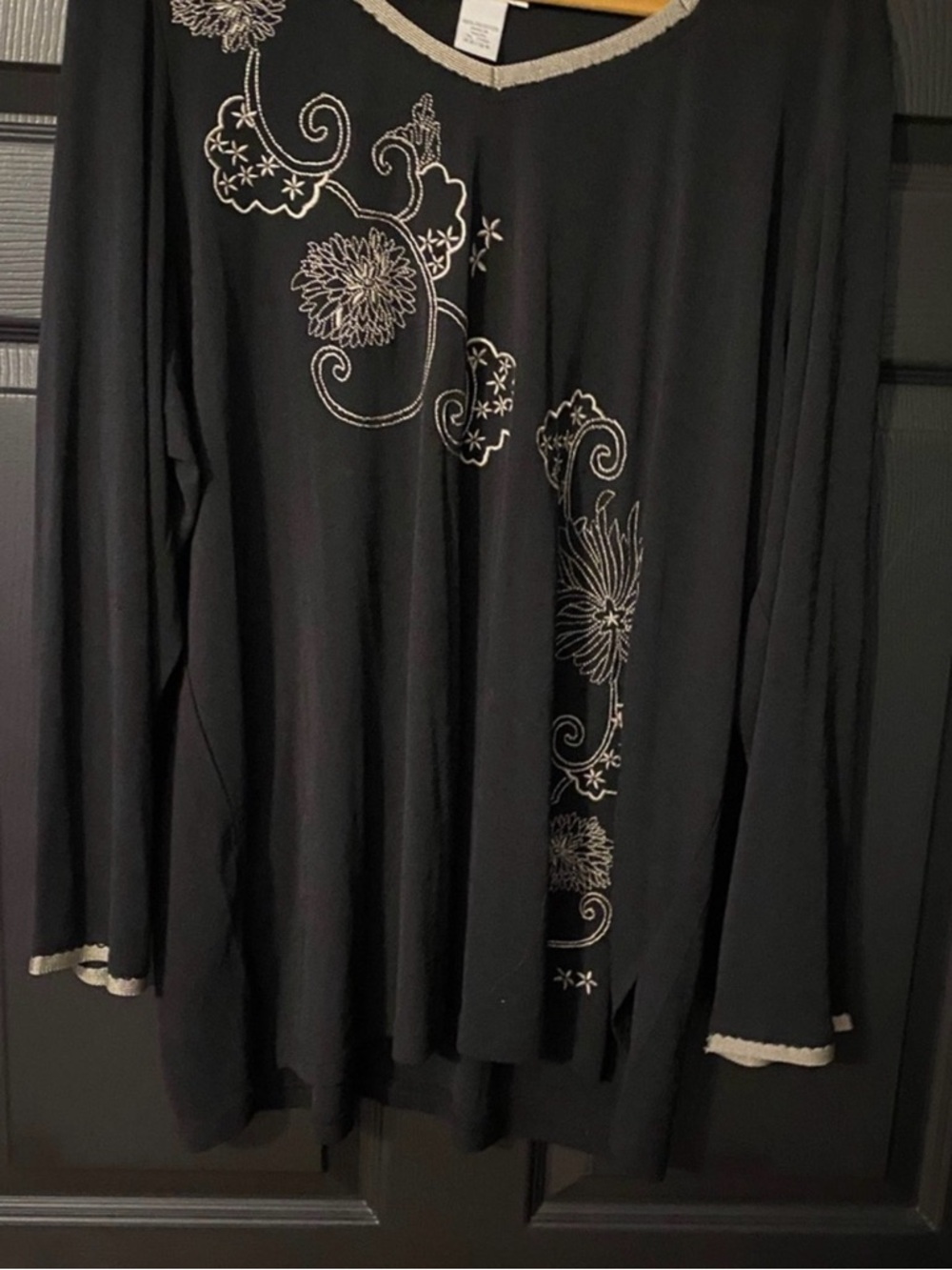 Black Long Sleeve Top with Silver Floral Embroidery
